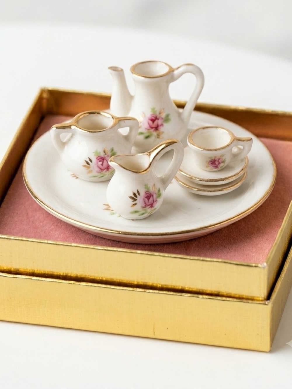 ​Vintage Miniature Porcelain Tea Set – Pink Cottage Roses & Gold Trim